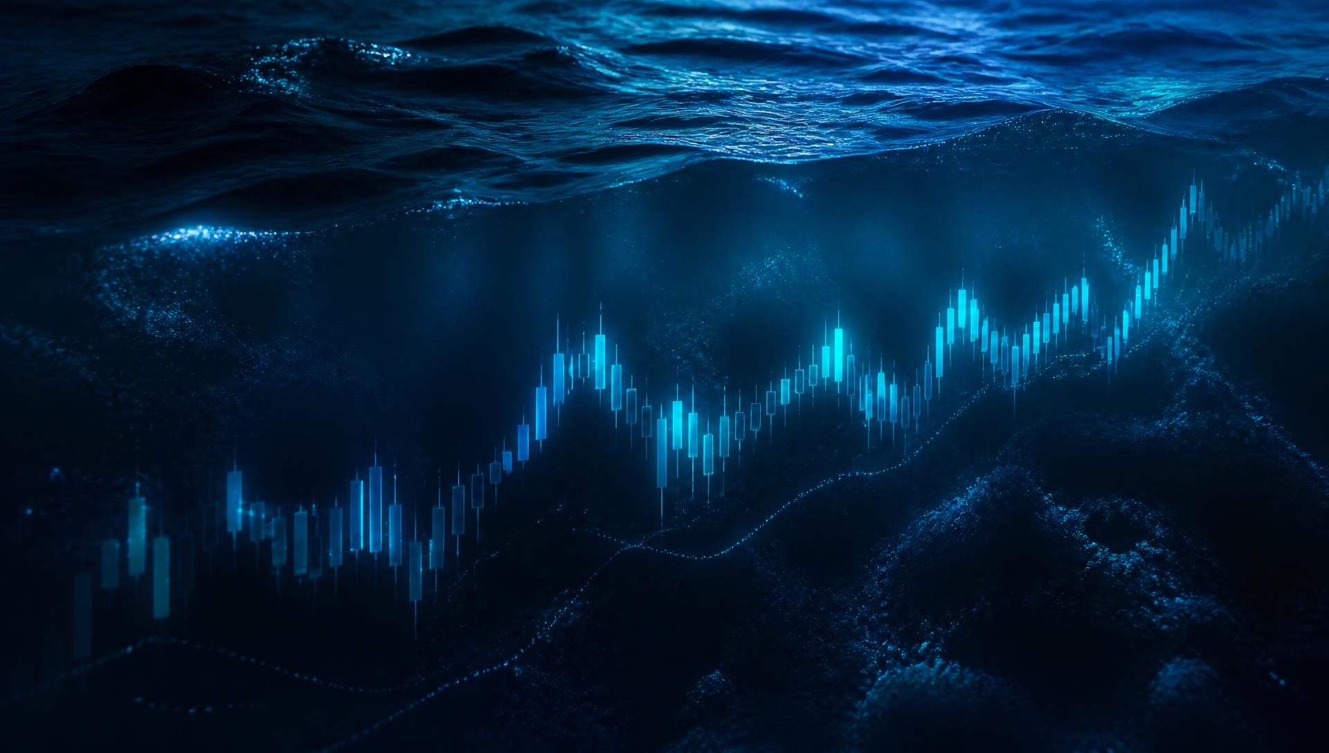 Deep ocean with glowing candlestick chart — LW Management Research Hub trading education