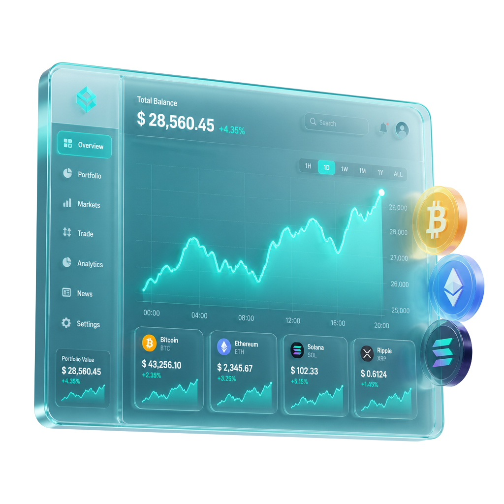 Glass trading dashboard illustration used in LW Management platform education